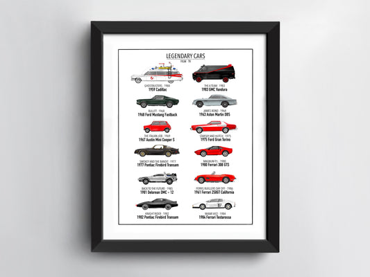 Legendary Cars Art Print - James Bond - Ecto 1 - A Team - Knight Rider - Delorean Time Machine